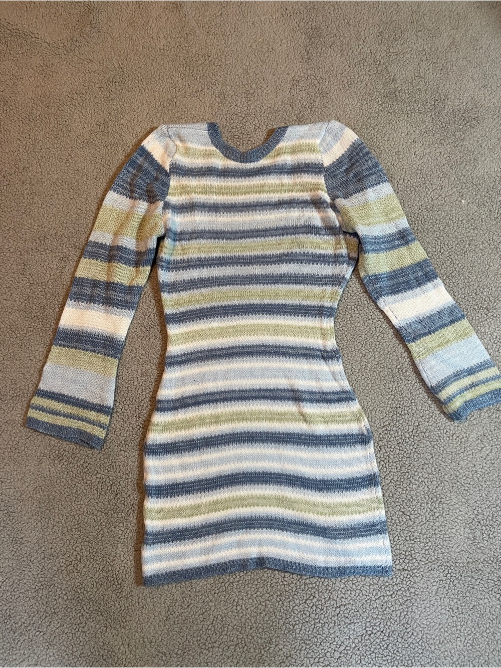 Striped Long-Sleeve Knit Midi Dress in Blue, Cream & Olive